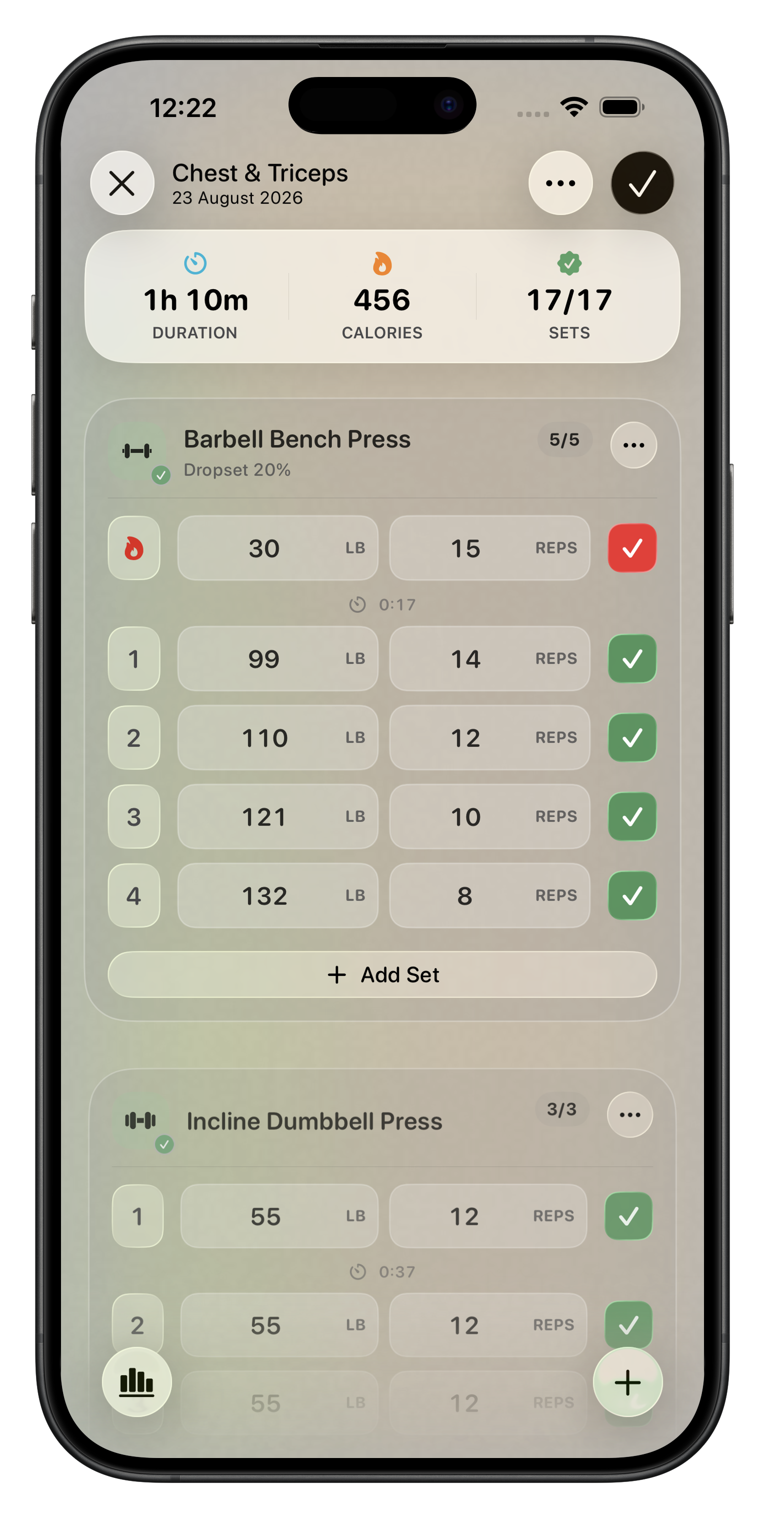 iPhone showing an active Chest & Triceps session: duration, calories and 17 of 17 sets completed, with each set's weight, reps and rest time ticked off