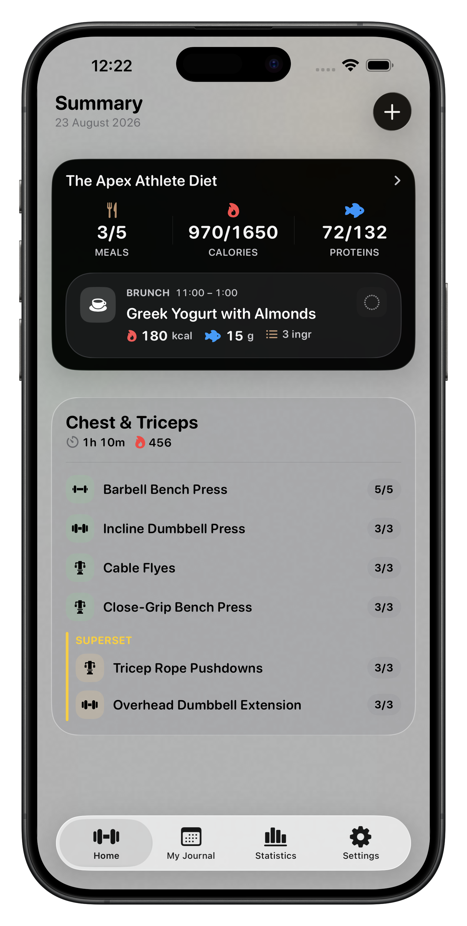 iPhone showing the Gymner home summary: today's food plan with meals, calories and protein, the current meal, and the Chest & Triceps routine with every set counted
