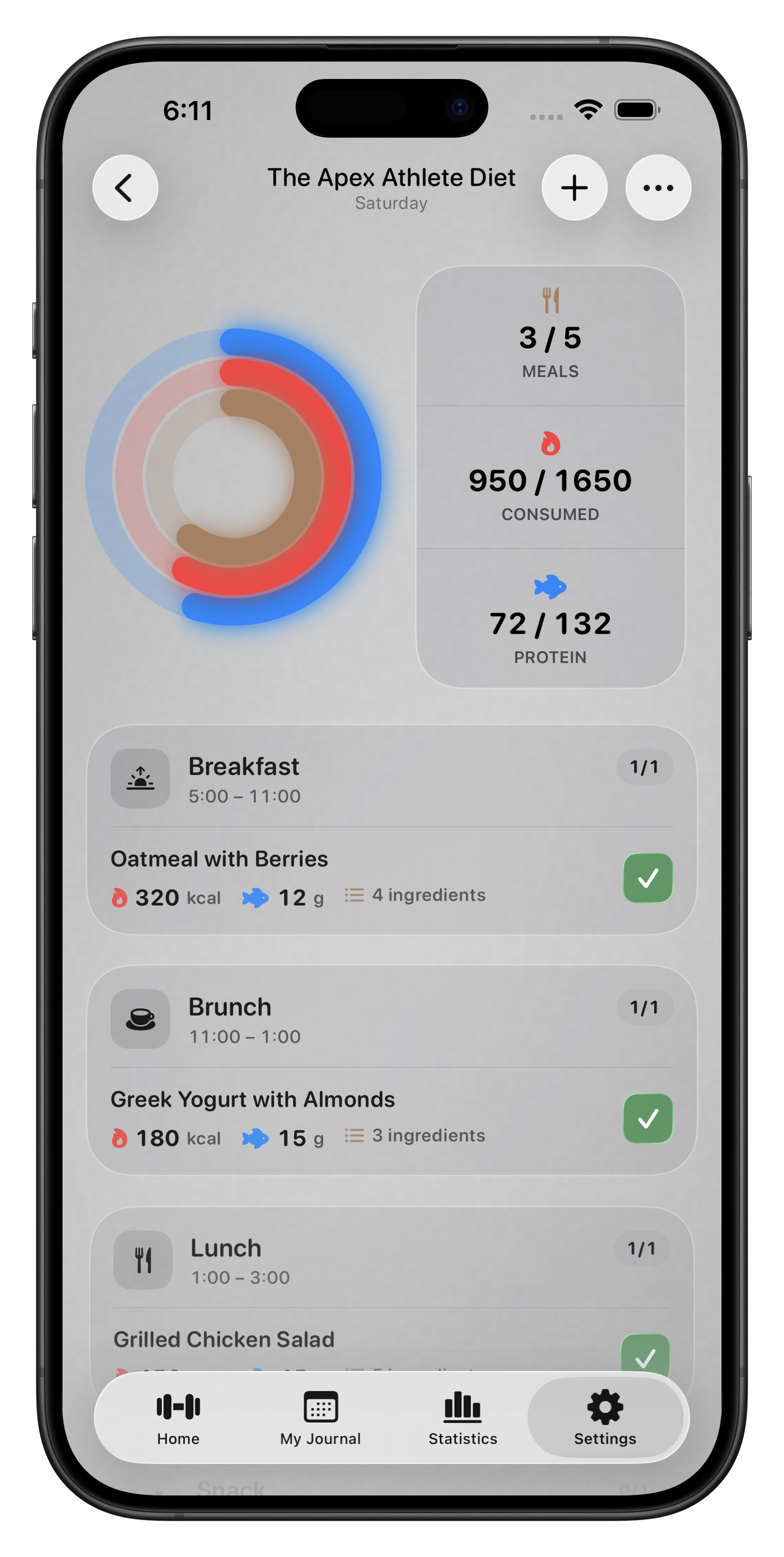 iPhone showing the Apex Athlete Diet food plan: rings for meals, calories and protein, and each meal slot with its time window, calories, protein and ingredient count