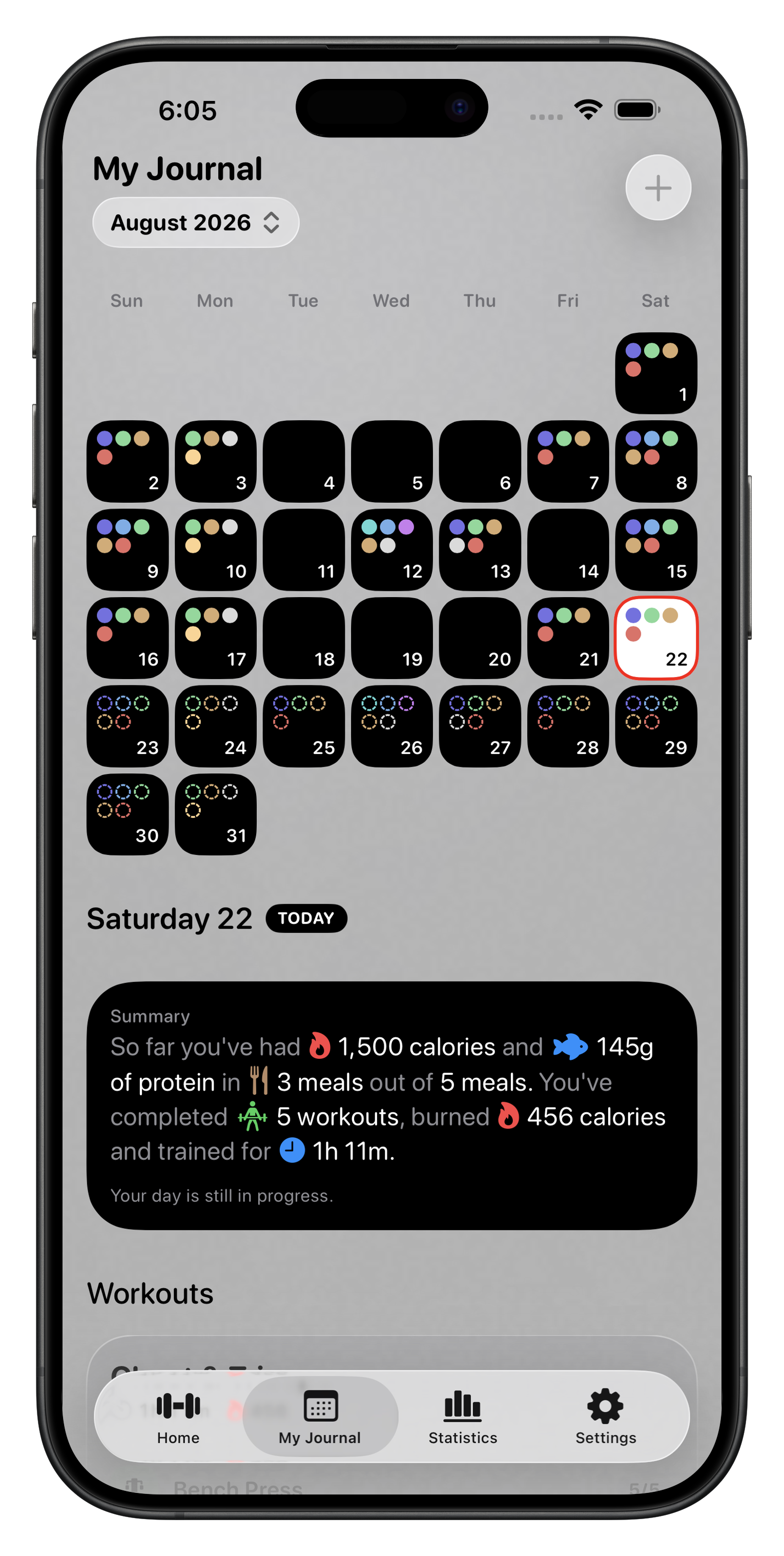iPhone showing My Journal: a month calendar with activity rings on each training day, and a written summary of the day's meals, calories, protein and workouts