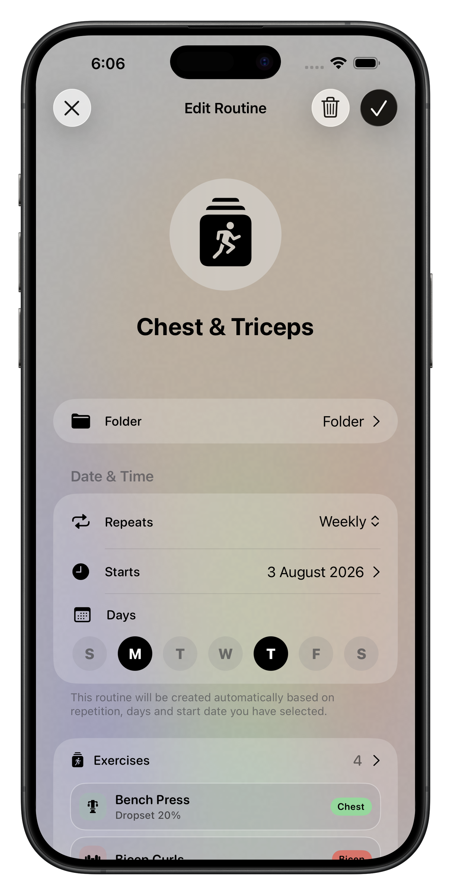 iPhone showing the Edit Routine screen for Chest & Triceps, with its folder, weekly repeat, start date, training days and exercise list